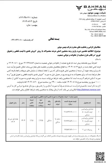 مرحله هفتم تکمیل وجه منتخبین اصلی طرح فروش نقدی با قیمت قطعی در سه طرح