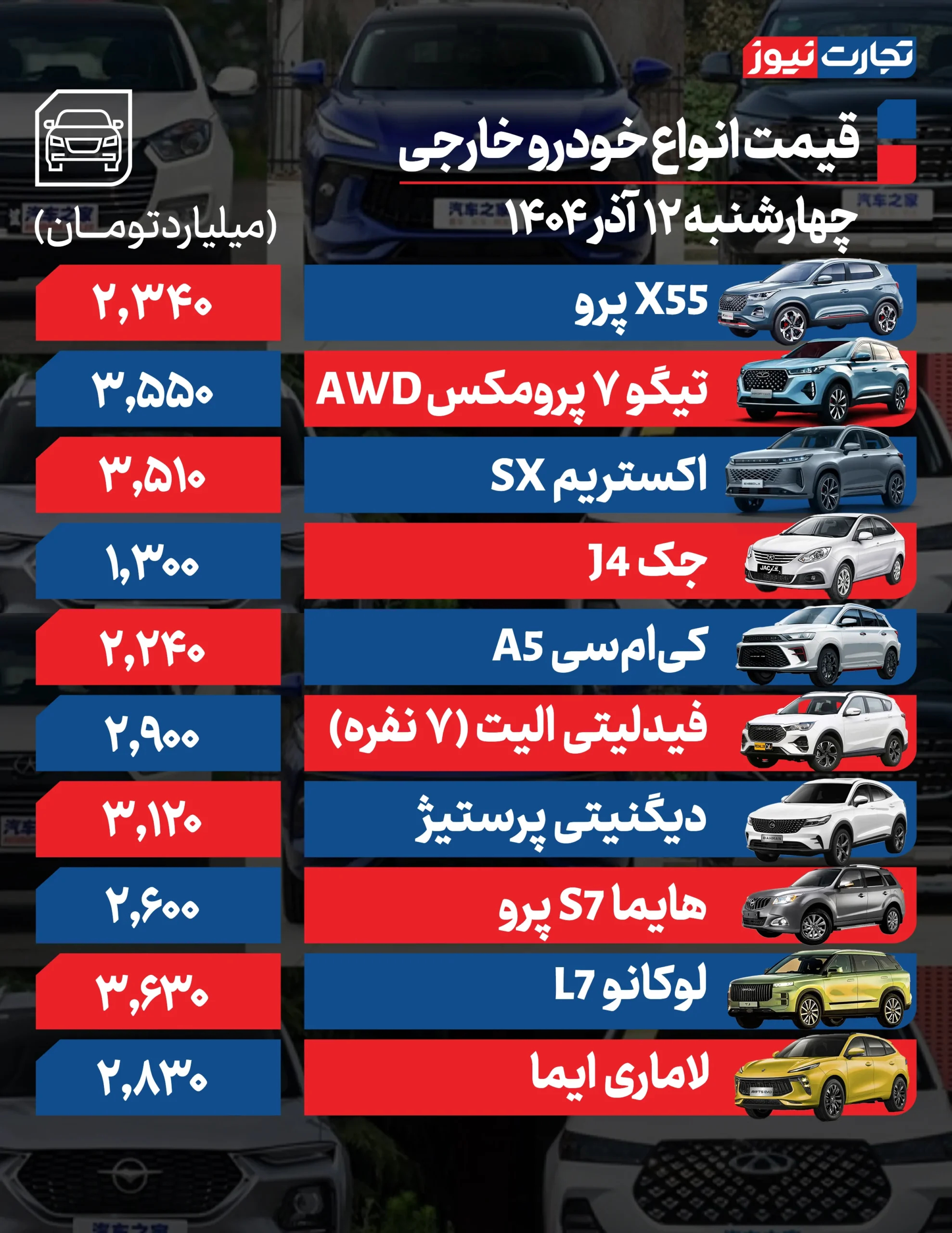 قیمت خودرو مونتاژی 12 آذر 1404