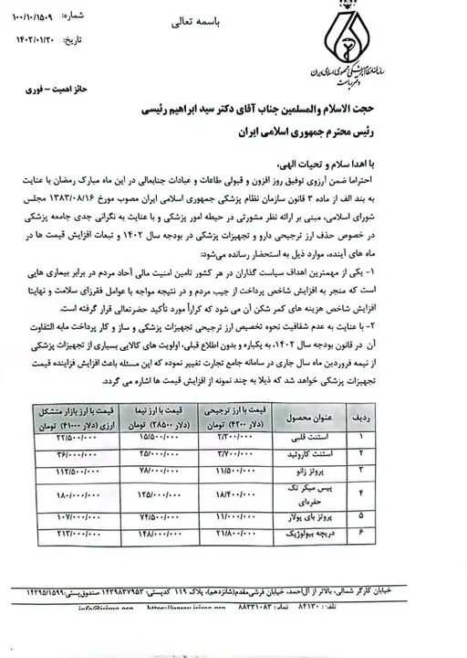 نامه مهم رئیس سازمان نظام پزشکی به رئیسی 