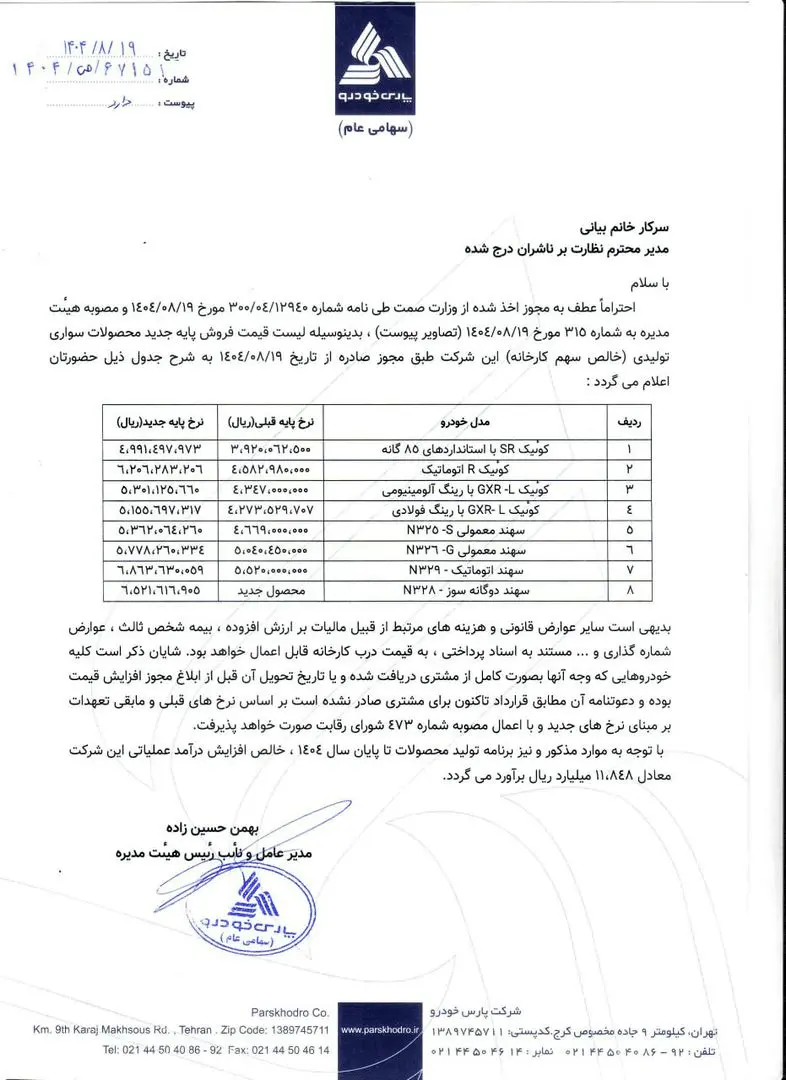 قیمت جدید تیپ‌های کوئیک و سهند